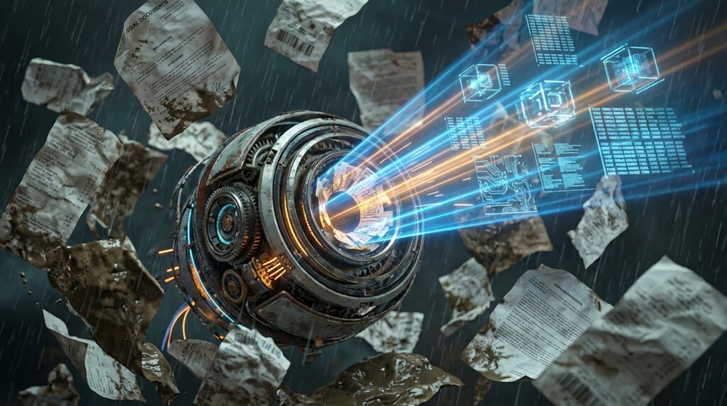 A mechanical eye scans floating, crumpled papers with blue lasers, converting dirty physical documents into structured holographic data.