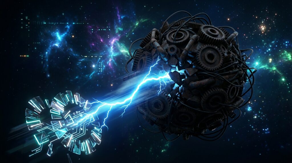 A rusty mechanical sphere in space pierced by a bright blue lightning beam connecting to a sleek, glowing digital structure.