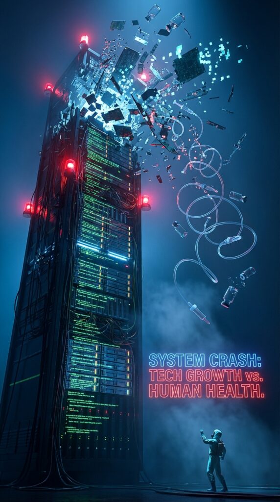 Server tower crumbling into IV drips and vials. A figure watches. Text: SYSTEM CRASH: TECH GROWTH vs. HUMAN HEALTH.
