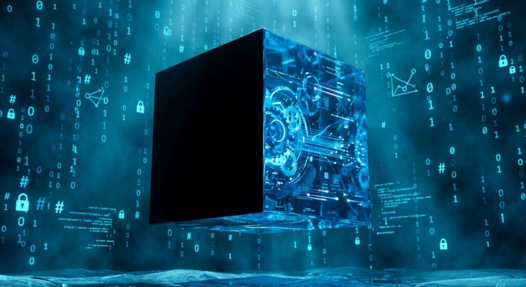 A translucent cube revealing internal mechanical gears, floating amidst falling blue binary code 0s and 1s and lock icons.