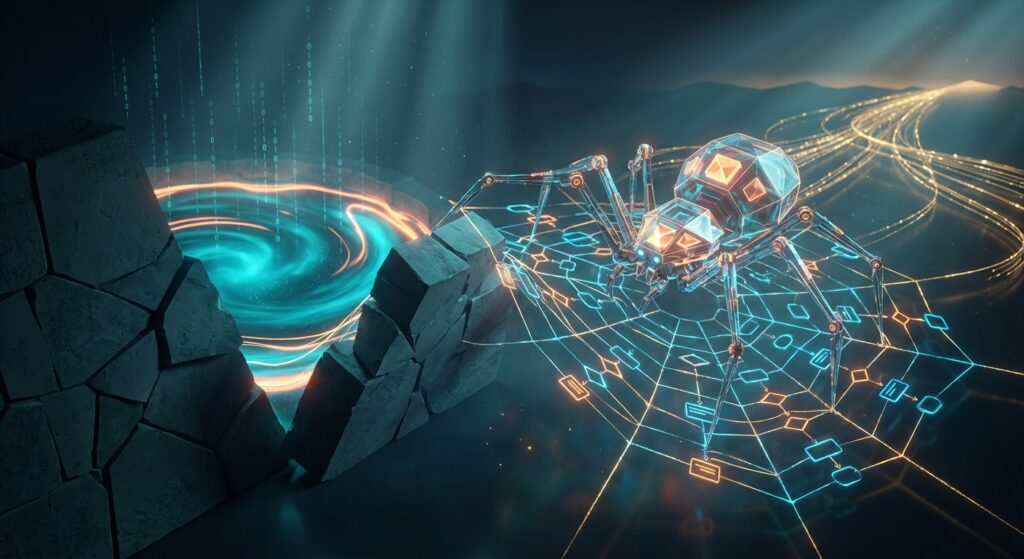 A crystalline mechanical spider weaves a glowing web of flowchart logic nodes next to a swirling digital data vortex.