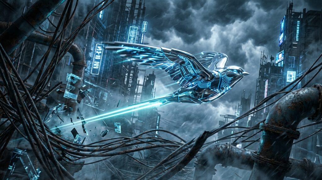 A sleek chrome mechanical swift flies at high speed through a dark, wired industrial city, leaving a blue neon trail.