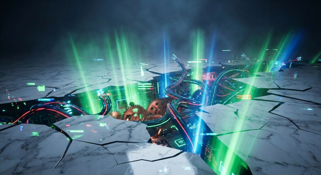 Glowing gears, circuits, and cables bursting through a crack in a white marble floor, illuminated by green and blue beams.