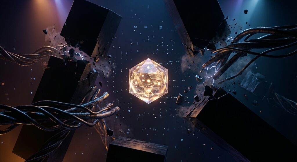 Glowing geometric crystal with gold circuits, surrounded by shattering dark blocks and cables in a digital void.