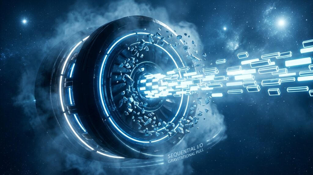 Futuristic turbine in space transforming debris into a stream of data blocks. Text reads: SEQUENTIAL I/O GRAVITATIONAL PULL.