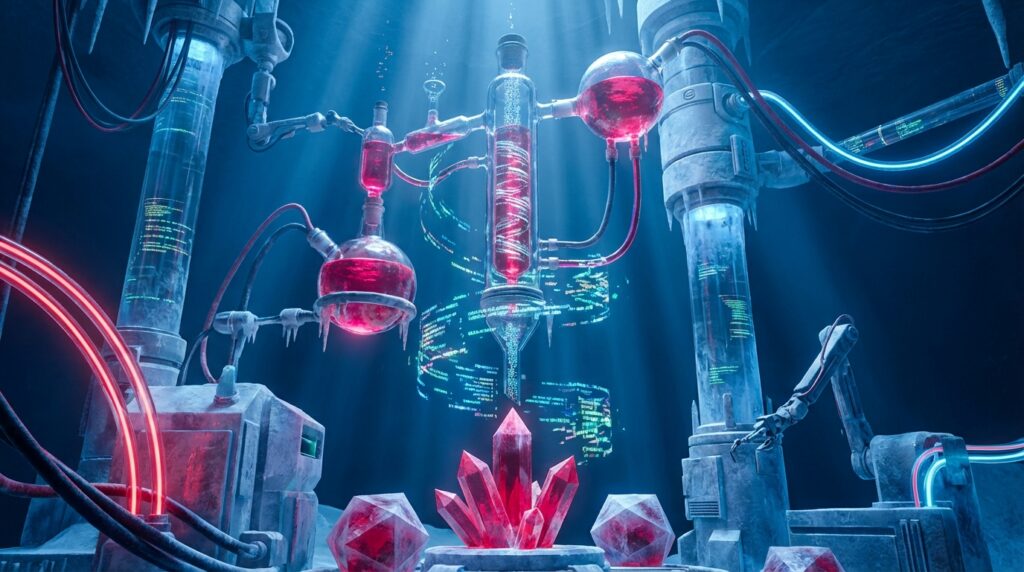 Glass flasks distilling red liquid and floating digital code into glowing crystals within a frozen blue laboratory cave.
