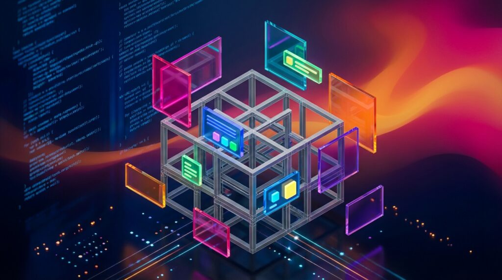 3D wireframe cube surrounded by floating colorful glass UI panels and code snippets, representing structure and design.