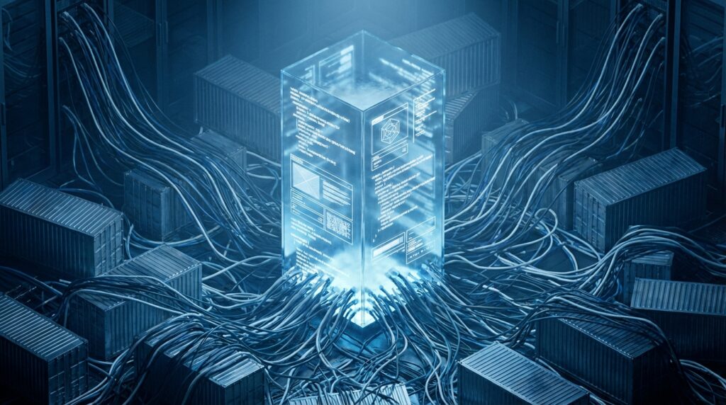 Glowing digital cube displaying code, connected by cables to stacks of shipping containers in a blue, sci-fi server room.