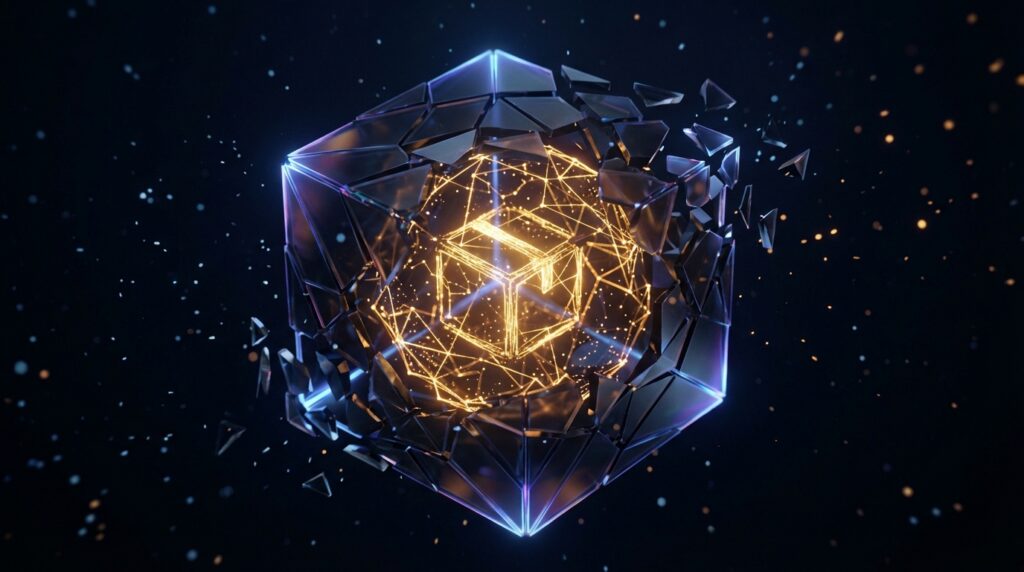 Shattering dark metallic cube revealing an intricate glowing golden network core against a starry deep space background.