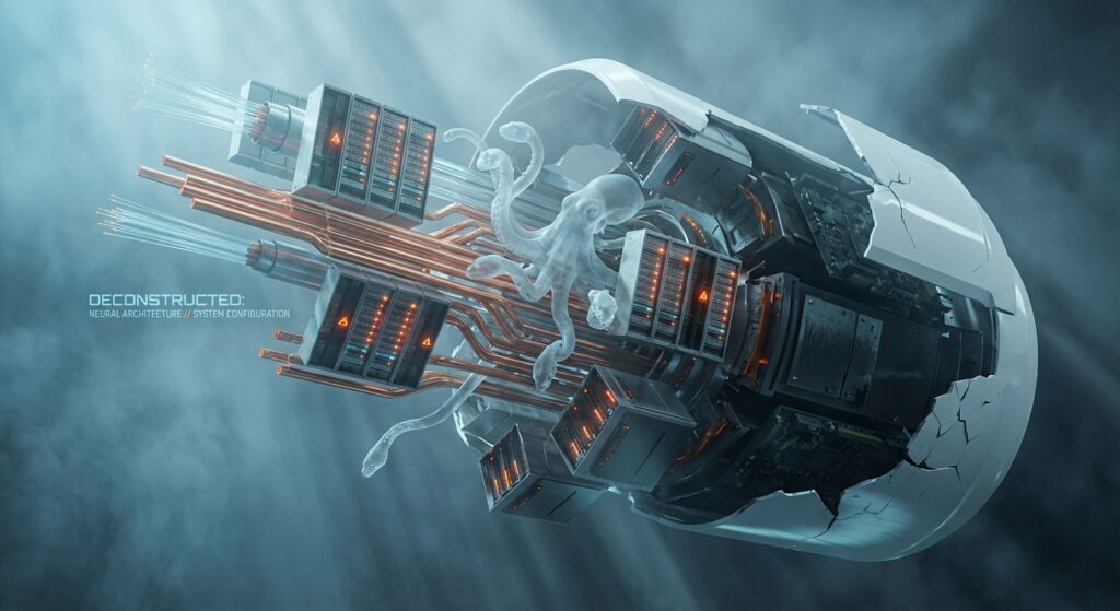 Translucent octopus entwined with server racks and pipes in a broken shell. Text: DECONSTRUCTED: NEURAL ARCHITECTURE.