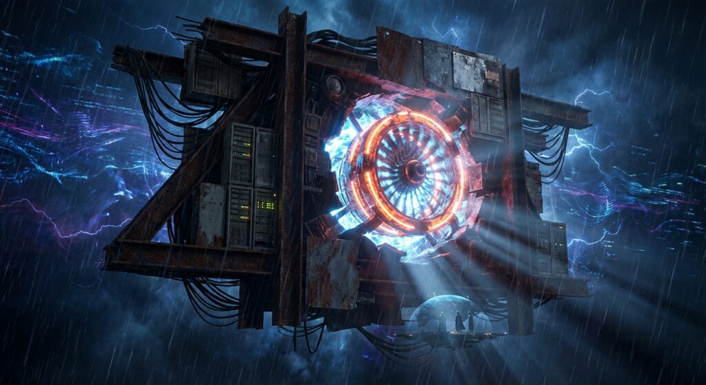 A massive, rusted industrial machine hovering in rain featuring a glowing orange turbine core and attached server racks.