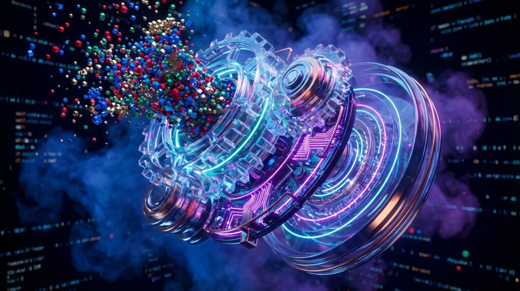 Glowing 3D gears processing a chaotic stream of colorful pixel cubes against a dark background with faint code snippets.