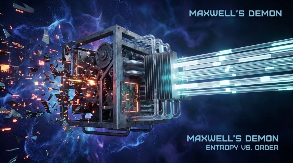 Sci-fi machine filtering chaotic red fragments into orderly blue light beams. Text: Maxwell's Demon Entropy vs. Order.