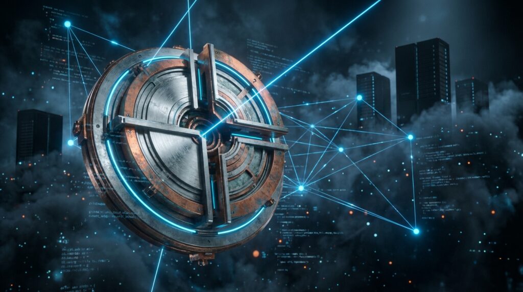 Futuristic metallic mechanism resembling a compass with blue network lines floating amidst server towers and code snippets.