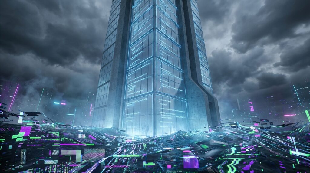 Futuristic skyscraper displaying glowing blue code rising from a turbulent sea of neon digital glitches under a dark sky.