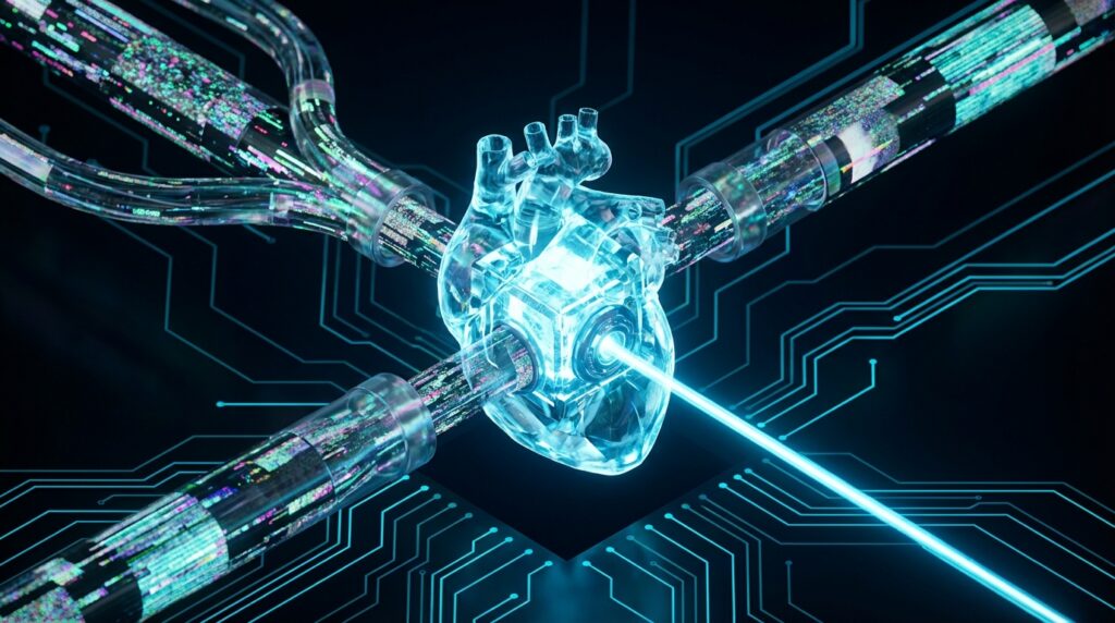 Crystal heart processing digital data streams from conduits and emitting a light beam on a circuit board background.