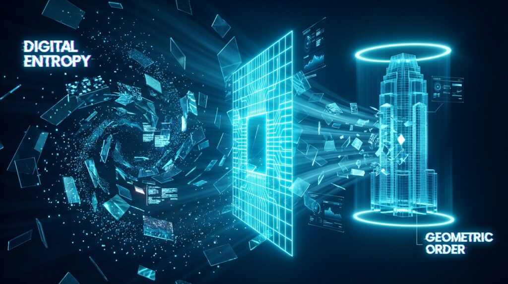 Chaotic shards labeled Digital Entropy pass through a grid, forming a wireframe building labeled Geometric Order.
