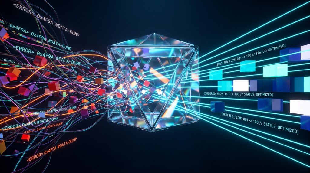 Chaotic wires with error codes enter a crystal prism, emerging as organized blue beams labeled ORDERED_FLOW and STATUS: OPTIMIZED.
