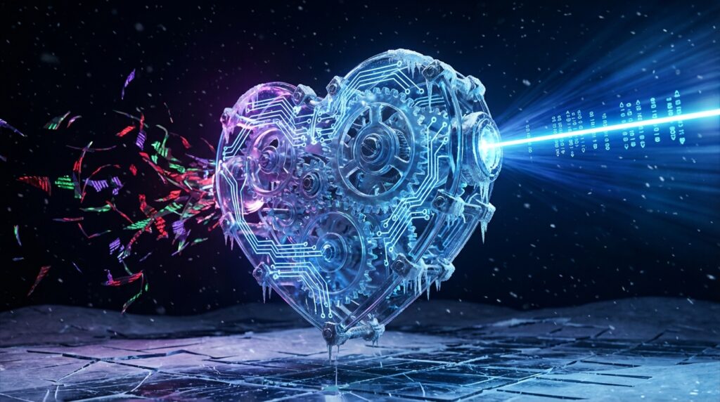 A frozen mechanical heart with gears and circuits is struck by a blue laser beam containing code, shattering into fragments.