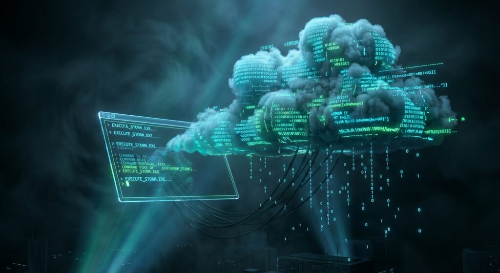 Futuristic interface running EXECUTE_STORM.EXE commands connected to a glowing digital cloud formation made of binary code.