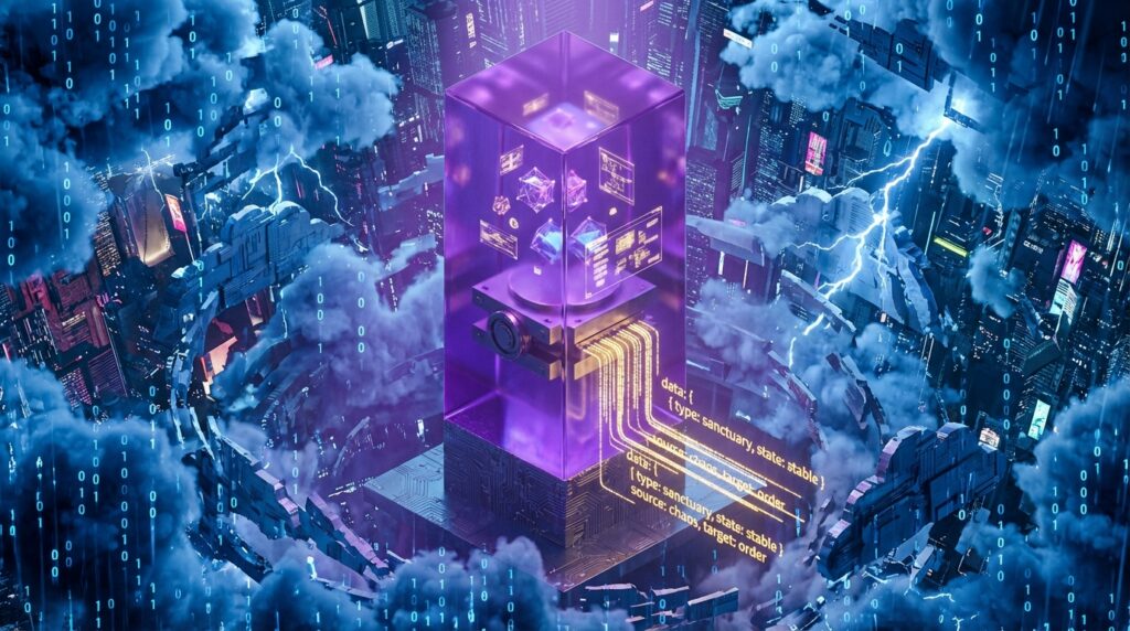 Futuristic purple monolith in a cyberpunk city with data streams and JSON code snippets reading type: sanctuary, state: stable.