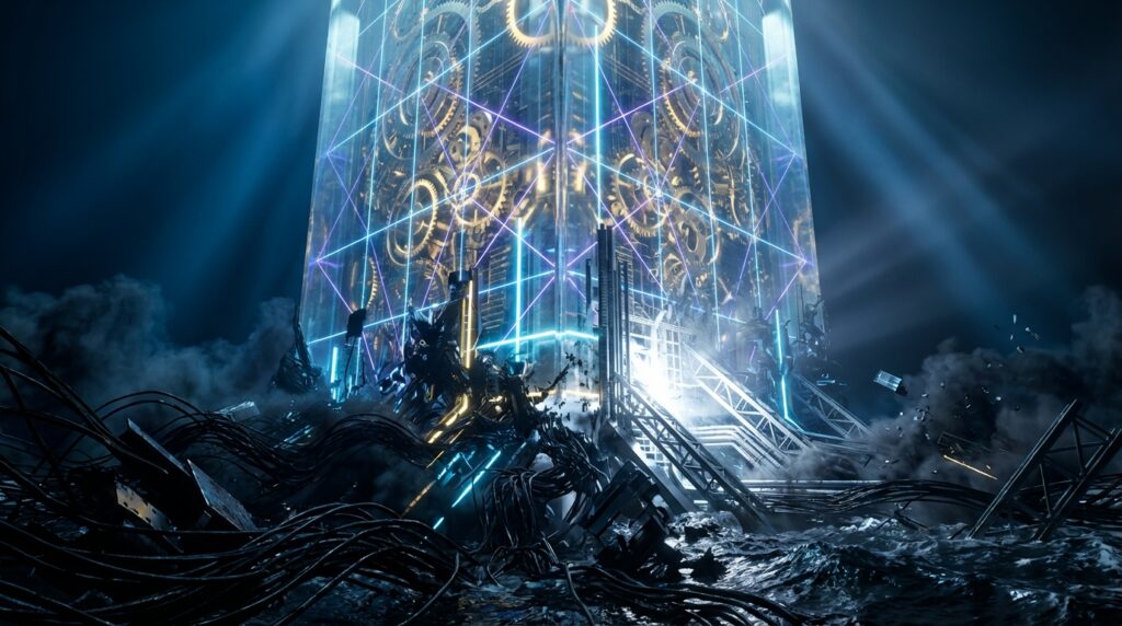Glowing glass tower housing precise golden clockwork gears and blue neon grids rising from a chaotic sea of dark, tangled cables.