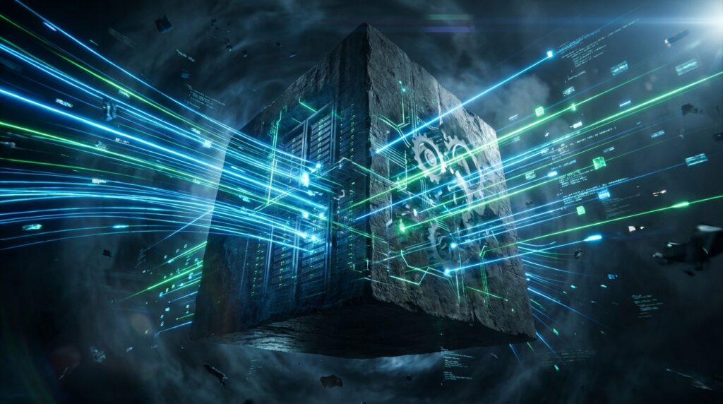 A floating stone cube pierced by blue and green data streams, revealing glowing gears and server racks in a dark digital void.