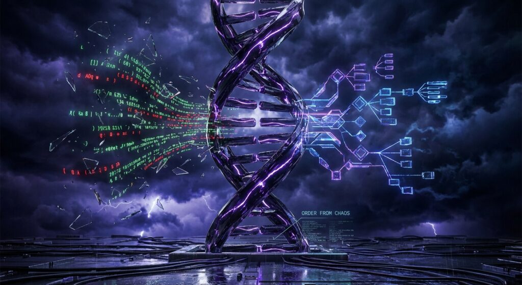 Metallic DNA helix separating broken green code shards from structured blue data trees, featuring text ORDER FROM CHAOS.