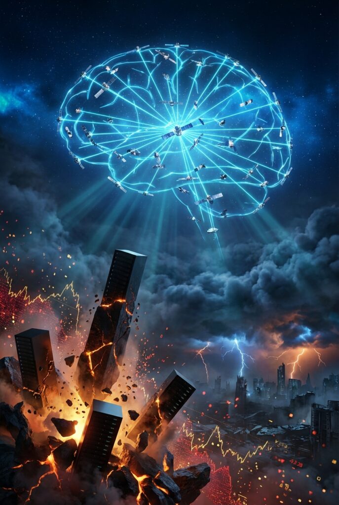 天空中悬浮着由无数卫星连接而成的巨大发光蓝色大脑，光束照向下方崩塌的黑色服务器巨石、燃烧的熔岩以及下跌的红色股市曲线图，背景是雷暴。