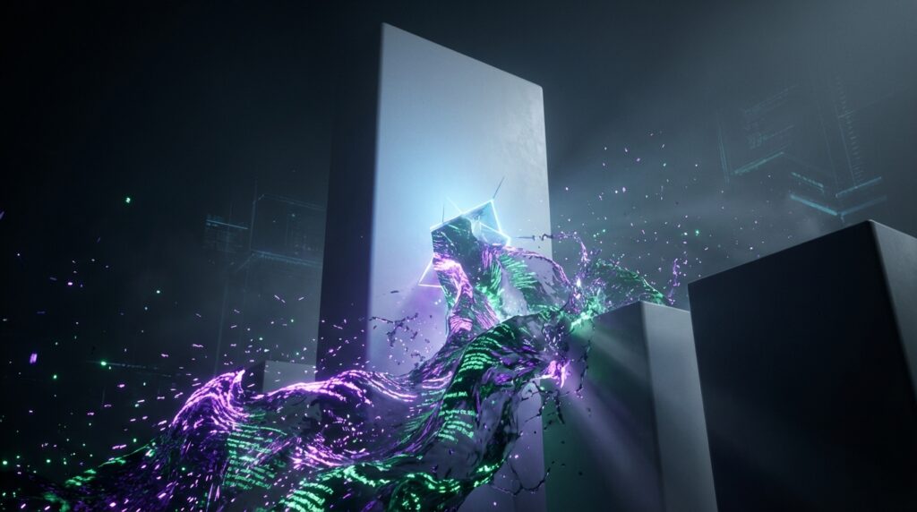 发光的紫色和绿色数字代码液体如波浪般冲击着矗立的灰色巨石，背景是黑暗的赛博朋克风格。