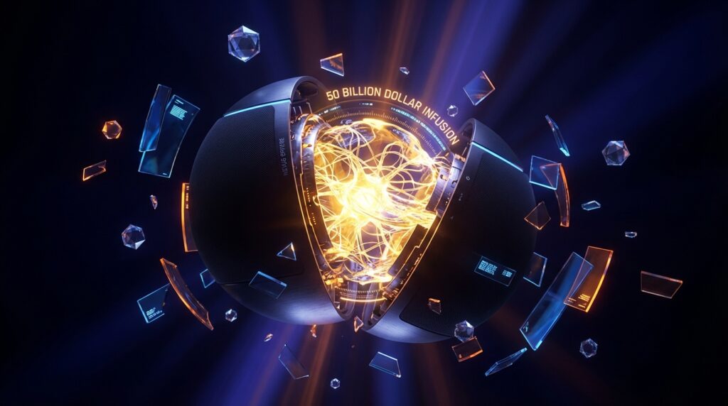 一个裂开的未来主义金属球体，内部爆发金色的神经网络光芒，上方悬浮着弯曲的全息文字“50 BILLION DOLLAR INFUSION”。