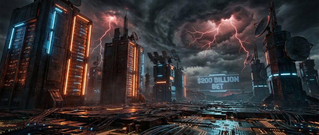 Dark futuristic cityscape with massive server towers and lightning storms, displaying glowing text: $200 BILLION BET.