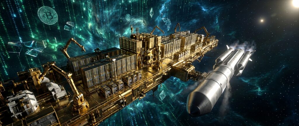 Golden orbital data center with robotic arms and a docking rocket, set in a green nebula with floating Bitcoin and digital code.