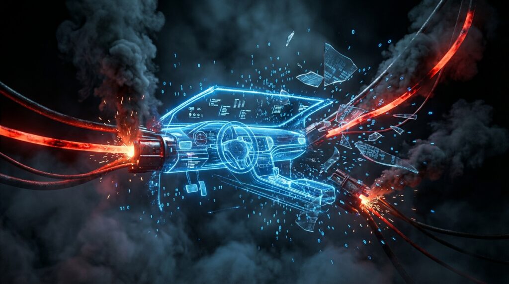 蓝色全息线框构成的汽车驾驶舱连接着正在冒烟的红色高压电缆，周围漂浮着二进制代码，象征智能车机与物理能源的激烈碰撞。