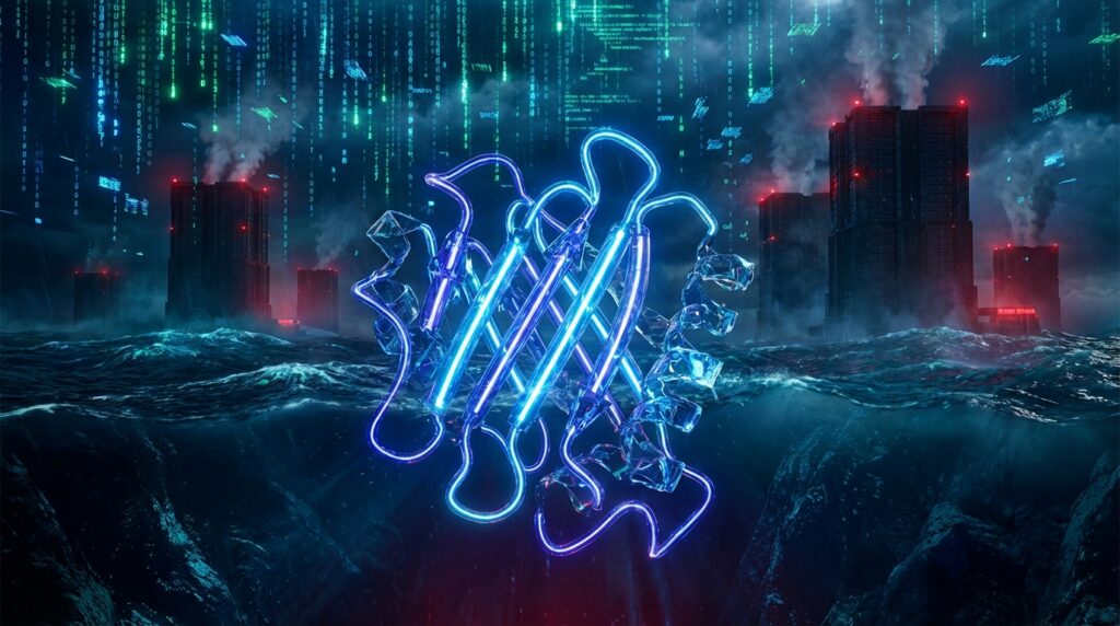 巨大的发光蓝色蛋白质分子结构悬浮在波涛汹涌的海面上，背景是赛博朋克风格的暗黑工业城市和从天而降的绿色代码雨。