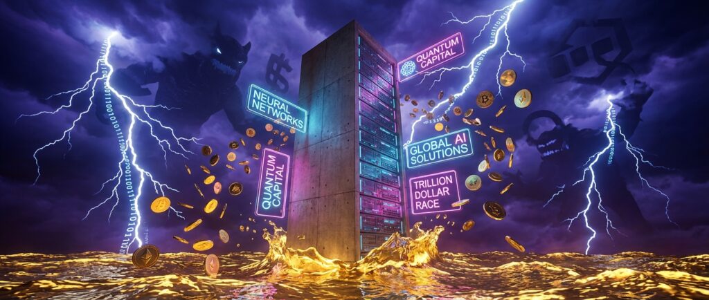 矗立在金色液态海洋中的服务器巨塔，伴随着雷电和阴影巨兽。霓虹灯牌写着“TRILLION DOLLAR RACE”、“QUANTUM CAPITAL”及“GLOBAL AI SOLUTIONS”。
