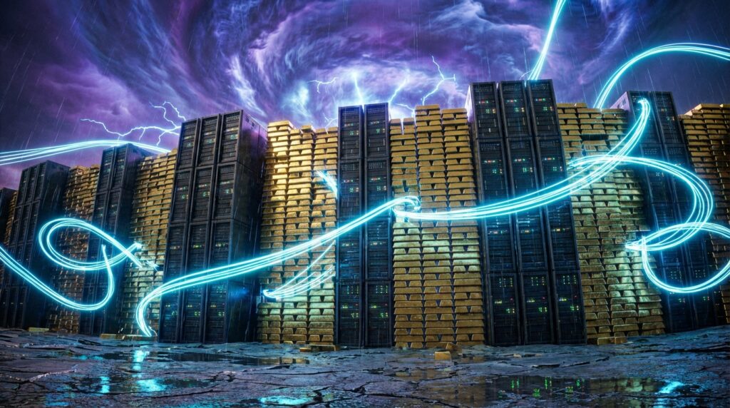 由成堆的金条和黑色服务器机架交错垒成的巨大墙壁，明亮的蓝色光纤线条在周围环绕飞舞，背景是充满紫色闪电的雷暴天空。