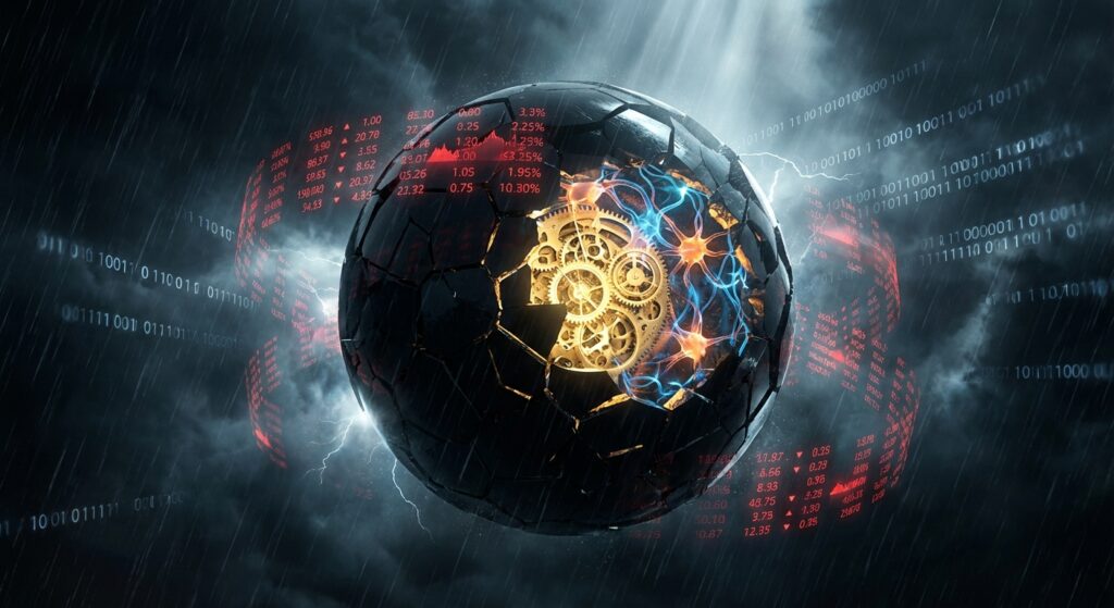 一个裂开的深色球体，内部露出金色的机械齿轮和发光的生物神经网络，背景充满暴雨、二进制代码以及红色的股市行情数据。