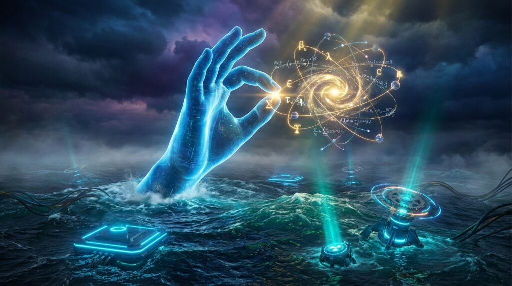 一只巨大的全息发光蓝手从风暴肆虐的海面伸出，指尖捏着带有物理公式的金色原子结构，海面漂浮着发光的未来科技装置。