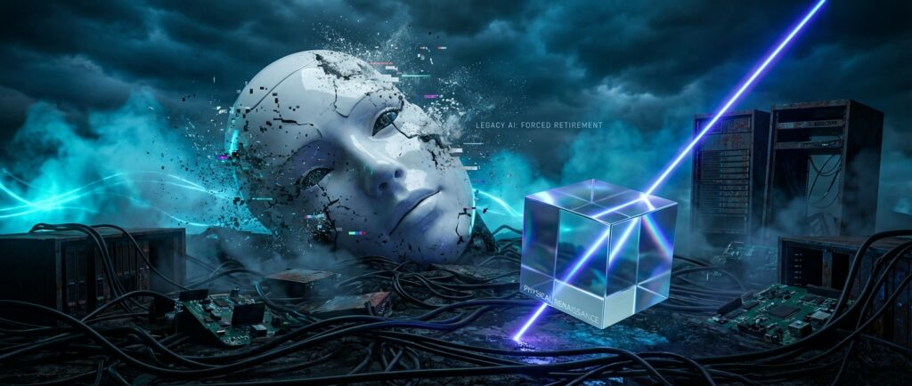 Shattering robot face labeled 'LEGACY AI: FORCED RETIREMENT' next to a prism cube marked 'PHYSICAL RENAISSANCE' amidst wires.