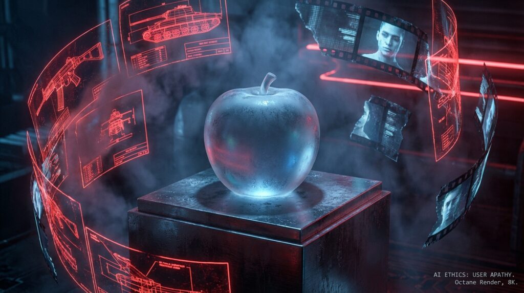 一个放置在基座上的冰霜金属质感苹果，周围环绕着红色的坦克枪械全息图和蓝色的电影胶卷数据流。右下角文字：AI ETHICS: USER APATHY。