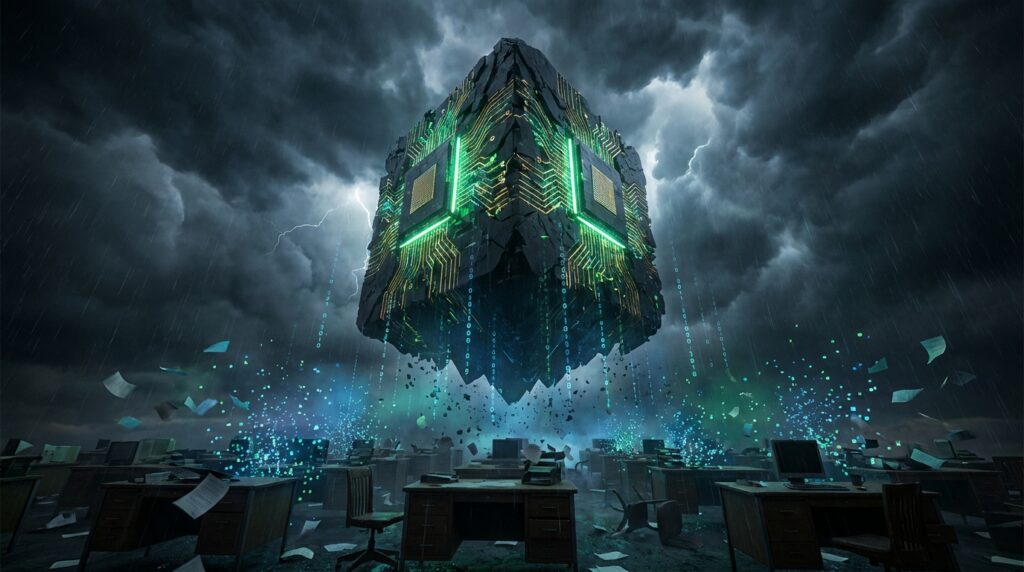 巨大的黑色立方体表面布满发光芯片与绿色电路，悬浮在雷电交加的风暴中；下方是废弃的办公室场景，桌椅散乱，无数文件纸张在混乱中漫天飞舞。