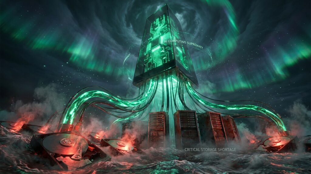 绿色发光AI芯片塔耸立在海上，标有AI COMPUTING SUPREMACY；海面漂浮着大量红色发热硬盘，标有CRITICAL STORAGE SHORTAGE。