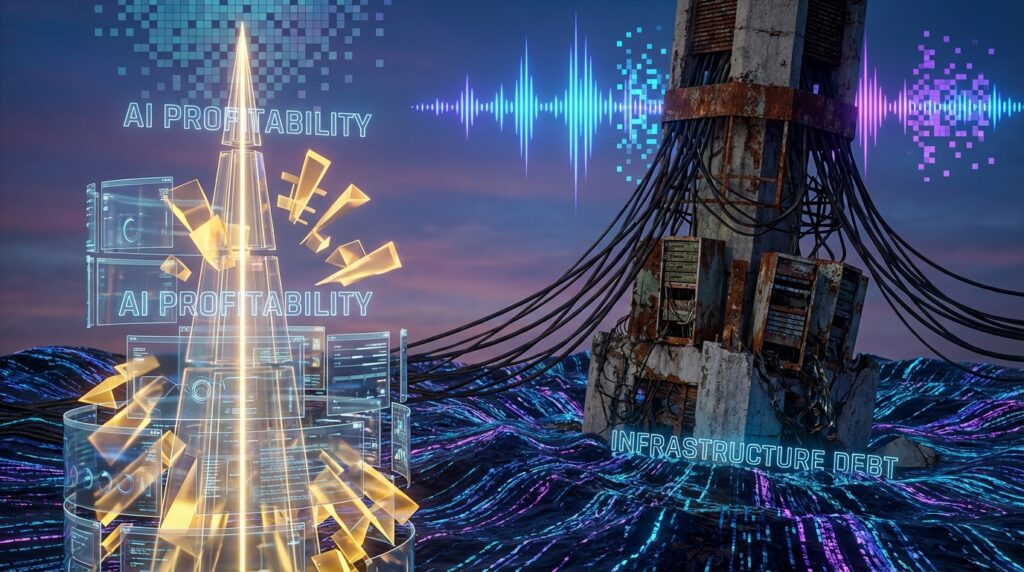 左侧是金色的全息尖塔，标有 AI PROFITABILITY；右侧是缠绕电缆的生锈废弃塔楼，标有 INFRASTRUCTURE DEBT。