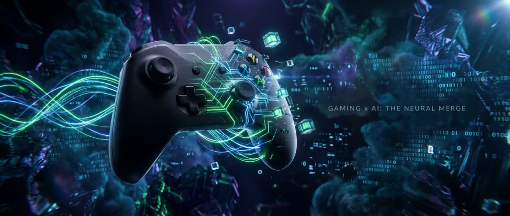 一个充满科幻感的游戏手柄，缠绕着绿色发光的数字神经线条和数据块。右侧文字写着：GAMING x AI: THE NEURAL MERGE。