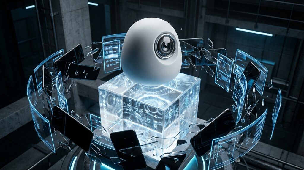 Concept art of a white, screenless AI device with a large camera lens floating among shattered mobile phone displays and blue holograms.