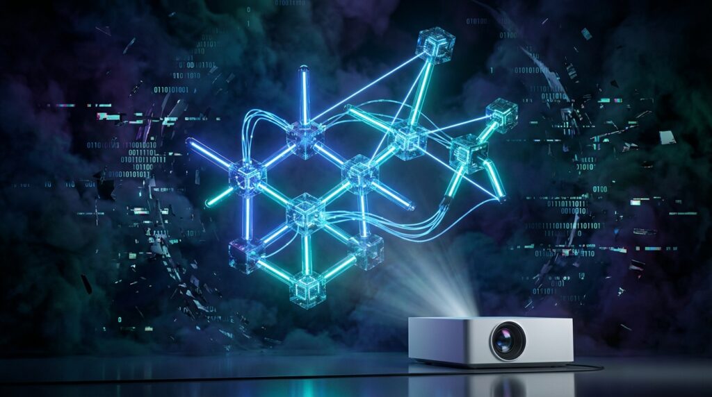 一台带有镜头的白色设备正投射出发出青光的立方体分子网络结构，背景中漂浮着深色烟雾、二进制代码和数字碎片，象征AI推理逻辑的具象化。