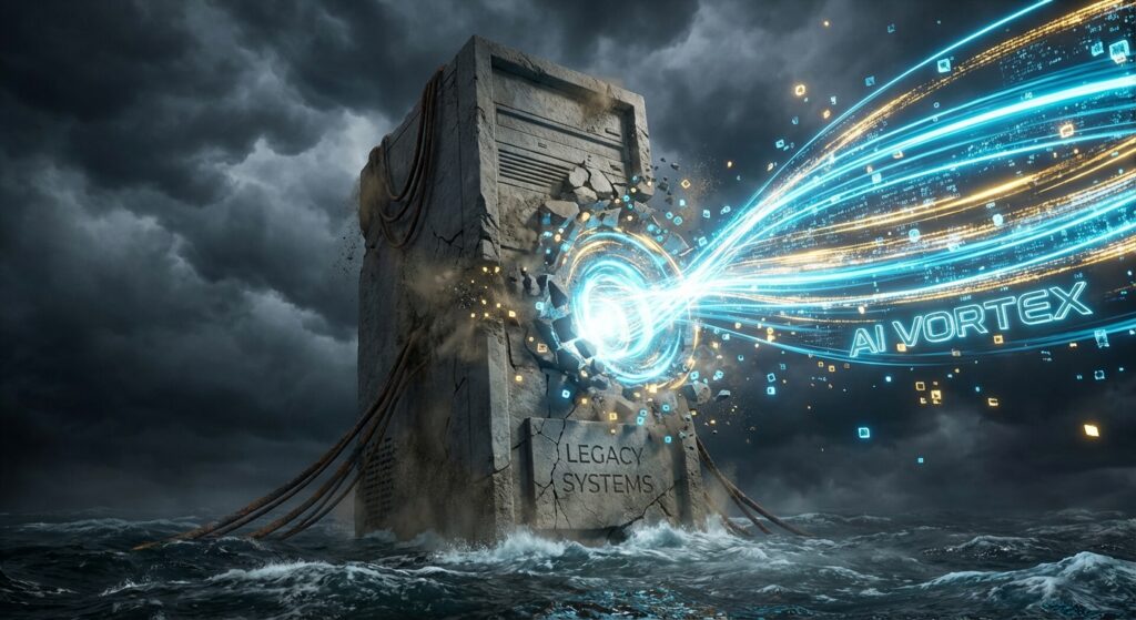 Stone server tower marked LEGACY SYSTEMS shattering under a glowing blue energy stream labeled AI VORTEX in a stormy sea.