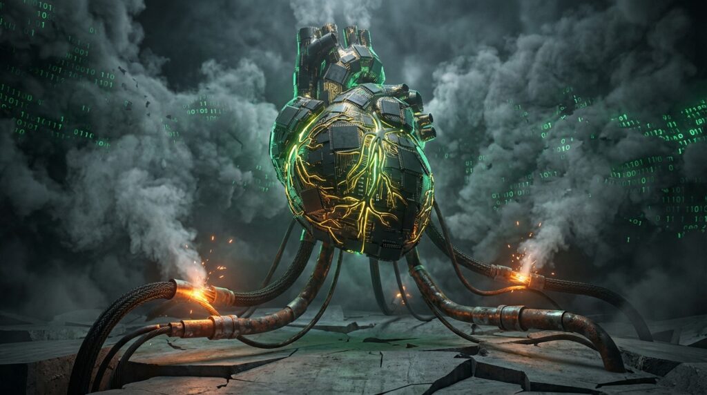 一颗带有电路板纹理和发光黄色裂纹的机械心脏，通过粗大的工业线缆连接到地面，接口处迸发火花，背景环绕着烟雾和绿色的二进制代码。