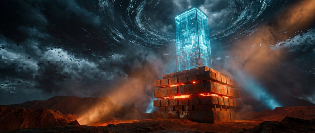 一座刻有AI字样和电路纹理的蓝色发光晶体塔，矗立在散发红光的锈蚀金属基座上，背景是黑暗旋转的像素化风暴天空。